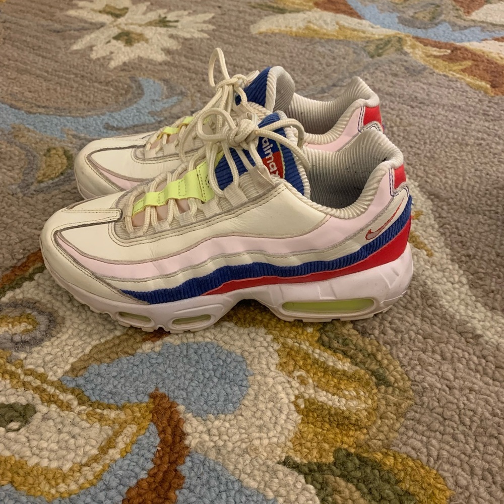 white, pink, blue, and red air max 95